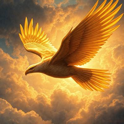 The primary subject of the image is a large, golden eagle flying through a cloudy sky. The setting is a bright, sunny day with a cloudy background. The visual style is a digital art or illustration, creating a vibrant and dynamic scene. The colors and mood are predominantly warm and sunny, with the golden eagle's wings and feathers adding a sense of freedom and power to the image.